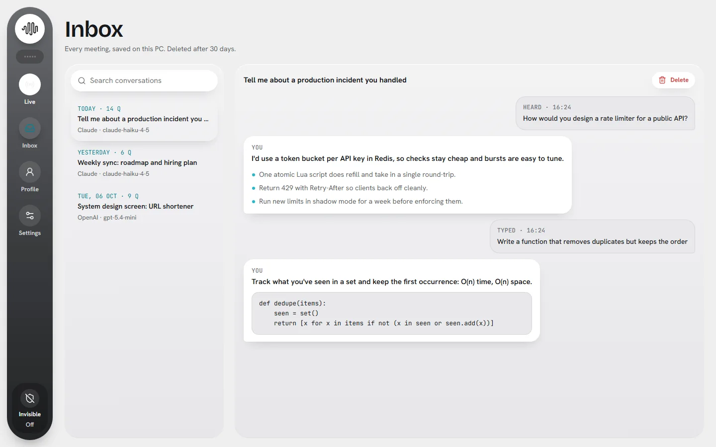 Talkflow's Inbox listing past meetings.
