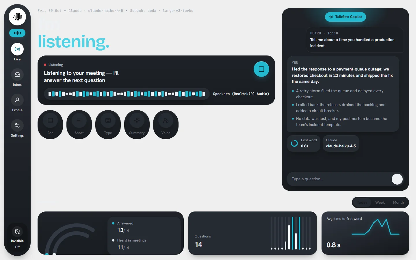 Talkflow in Graphite (dark) mode answering a question.