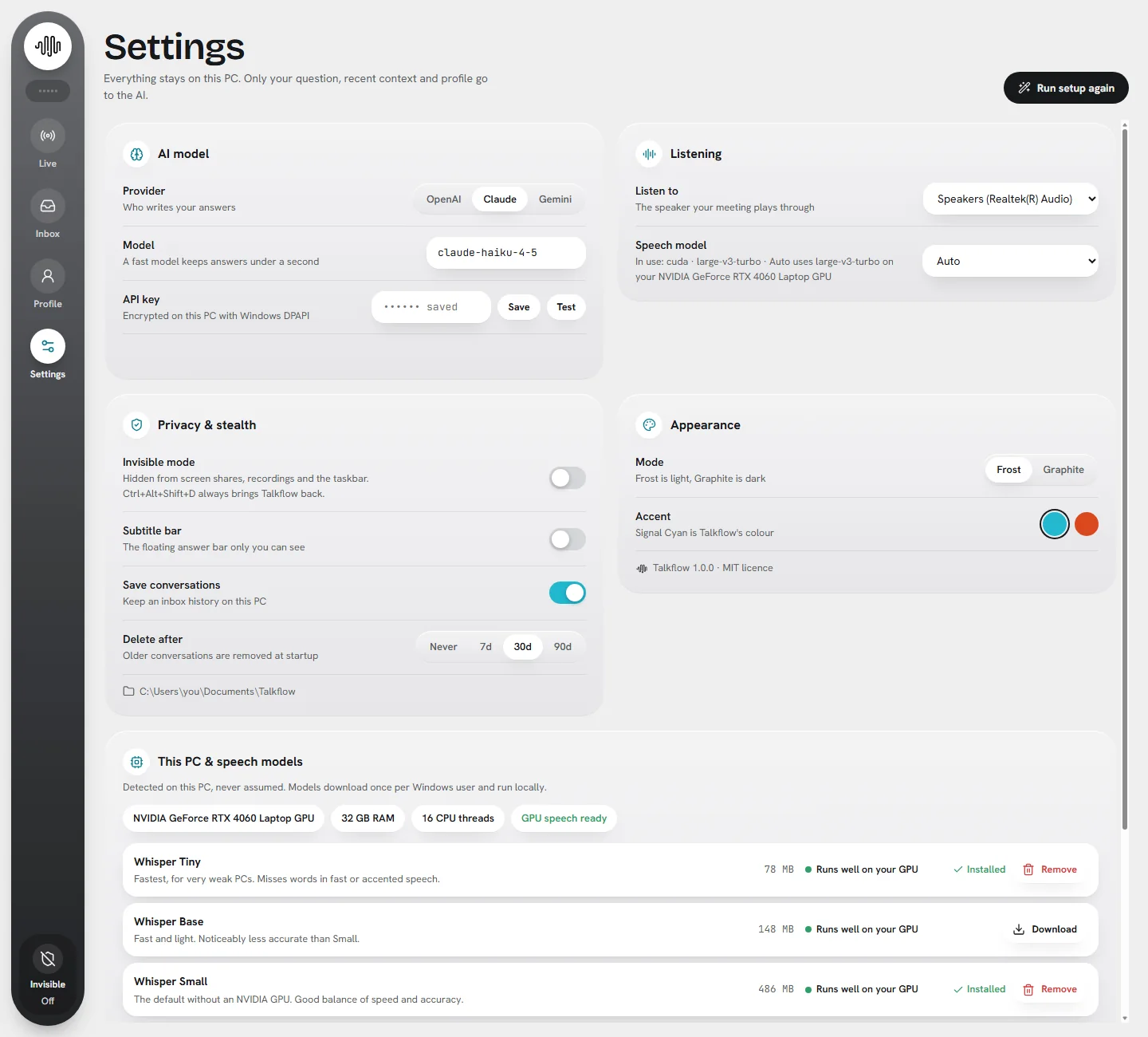 Talkflow settings with AI provider, privacy and the speech models card.